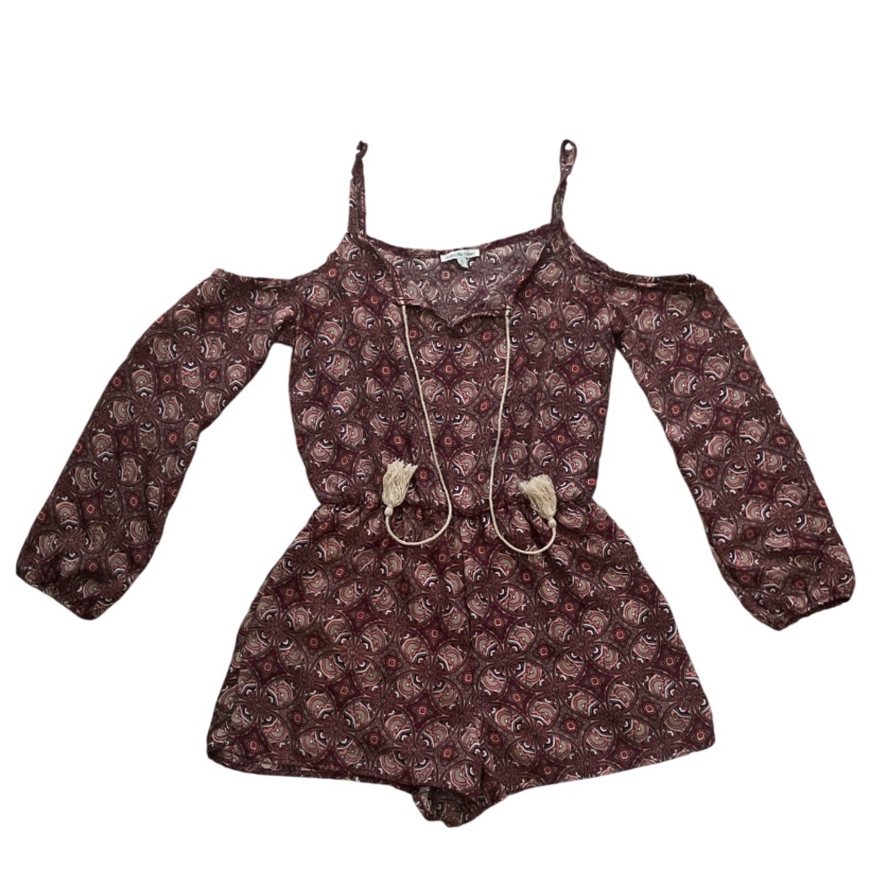 Charlotte Russe Boho Cold Shoulder Romper Maroon Medallion Print Tassel Sz M